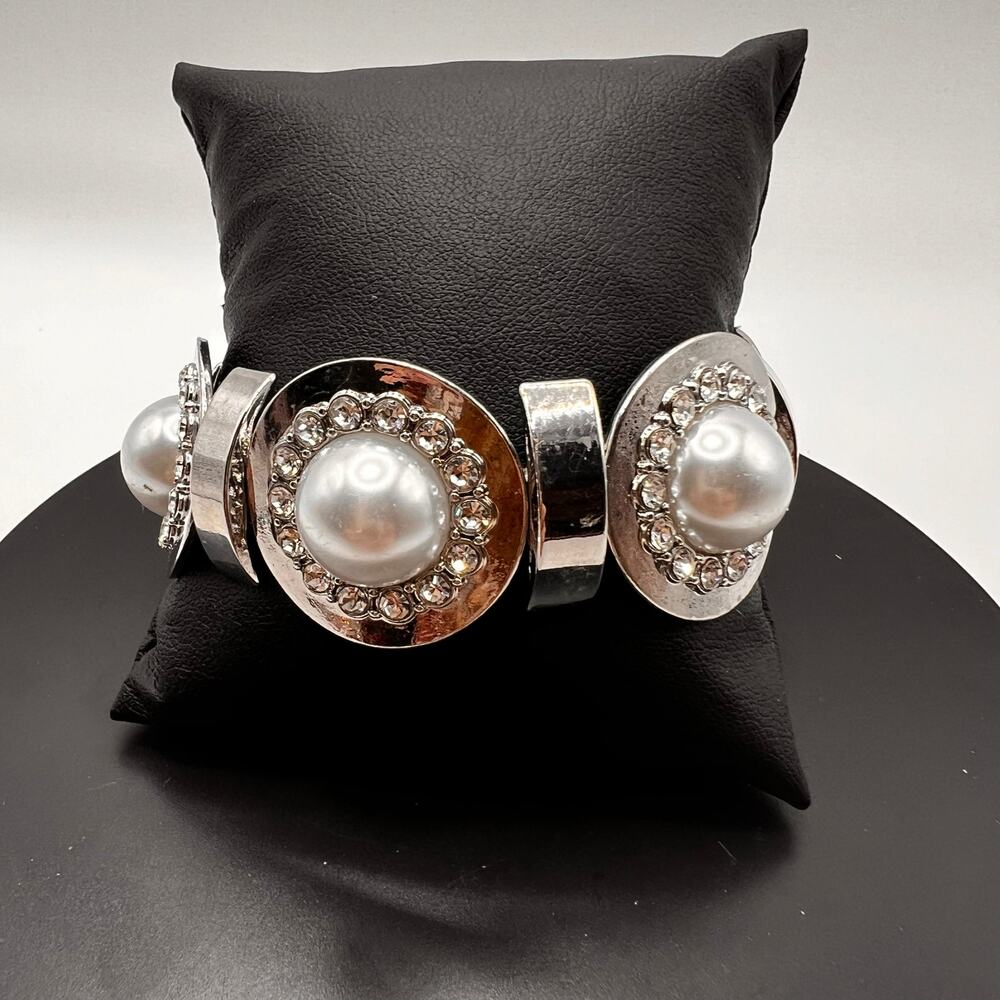 Silver Tone Faux Pearl Cuff Bracelet Stretchy Statement Jewelry